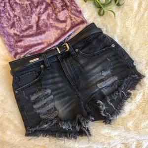 Distressed Black Denim Shorts